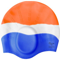 KARBD Silicone Swimming Cap with Ear & Hair Protection Unisex Water Sports Long Hair Cover Swim Pool Head Cap for Kids Teens Adults (Universal Size, Ear Protection Orange White Blue)