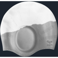 KARBD Silicone Swimming Cap with Ear & Hair Protection Unisex Water Sports Long Hair Cover Swim Pool Head Cap for Kids Teens Adults (Universal Size, Ear Protection White Silver)