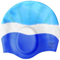 KARBD Silicone Swimming Cap with Ear & Hair Protection Unisex Water Sports Long Hair Cover for Kids Teens Adults (Universal Size, Ear Protection Light Blue White Dark Blue)