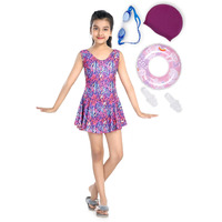 ROVARS Girls Swimming Kit with 1 Swimming Costume, 1 Swimming Goggles, 1 Silicone Swimming Cap & 1 Pair Ear Plugs & 1 Swimming Ring (Pink, 8-9 Years) - Wood