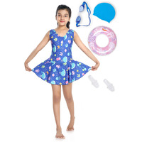 ROVARS Girls Swimming Kit with 1 Swimming Costume, 1 Swimming Goggles, 1 Silicone Swimming Cap & 1 Pair Ear Plugs & 1 Swimming Ring (Royal Blue, 7-8 Years) - Wood