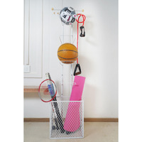 ARHAT ORGANIZERS Sports Ball Stand|Portable Multiple Stand For Football Basketball Volleyball, Tennis Rackets, Cricket Bat|Freestanding Garge Sports & Equipment Organizer-(4-Tier W Basket) (White)
