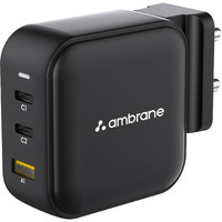 Ambrane 65W Charger Adapter, 3 Ports - 2 Type C & 1 USB for Samsung, Type C Laptops: MacBook, Dell, HP, ASUS, Fast Charger with PD Technology & GaN Technology for All Devices (RAAP G65, Black)