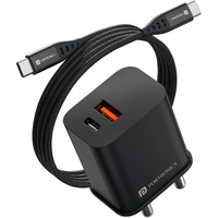 Portronics 20W Adapto 20B Dual Port (Type C PD & USB-A) Fast Charging Adaptor with Type C to Type C Cable, Smart Protection Chip, Wide Compatibility, Best for iPhone/Samsung/Oneplus (Black)
