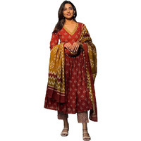 KLOSIA Viscose Women Straight Printed Kurta And Pant Set With Dupatta (IN, Alpha, 2XL, Red)
