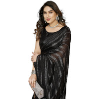 VAIRAGEE Women Soft Rimzim Silk Black Striped Pattern Ready To Wear Embroidery Saree (2055_4)