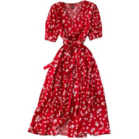 Gufrina Dresses for Women Half Sleeve || Floral Print || V-Neck and Puff Sleeves || Front Open Button & Tie-Up || Midi Dress (Red XL)