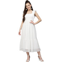 Sugathari Georgette Jacquard Butti White Square Neck Knee Length Western Dresses for Women (Dress2 89 White L)