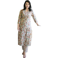 ANNI DESIGNER Women's Cotton Blend Straight Printed Kurta with Pant (Wide Cream_M_Cream_Medium)