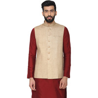 Manyavar Men's Banded Collar Nehru Jacket, Beige - Medium (JAC110-304)