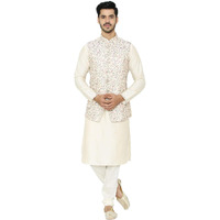 Manyavar Men's Silk Blend Other Kurta Pyjama with Waist Coat (JAST158_Cream_XL)
