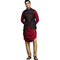 Manyavar Kurta Jacket Set for Men, Full Sleeves Mandarin Collar Ethnic Kurta Jacket Set for Festival, Wedding, Party Spandex (Red) (L)