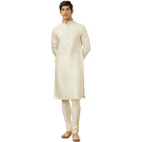 Manyavar Kurta Set for Men, Full Sleeves Mandarin Collar Ethnic Kurta Set for Engagement, Wedding, Party Solid (Off White, M)