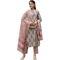 Vaamsi Women's Floral Block Printed Straight Kurta Pant With Dupatta (VKSKD1134_M_Grey)