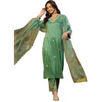 Vaamsi Women's Silk Blend Solid Embroidered Straight Kurta Palazzo With Dupatta (PKSKD1845_Green_L)