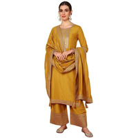 Vaamsi Women's Silk Blend Yoke Design Embroidered Straight Kurta Palazzo With Dupatta (PKSKD2099_Mustard_4XL)