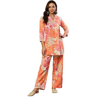 Vaamsi Women's Cotton Blend Floral Printed Straight Co-ord Set (VCORD1033_M_Orange)