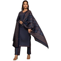 Vaamsi Women's Ethnic Motifs Straight Printed Kurta Pant With Dupatta (PKSKD2647_M_Navy Blue)