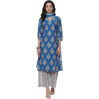 BIBA Women Cotton Blend Printed Straight Salwar Kurta Dupatta(Skdassorted7264E_Royal Blue_34)