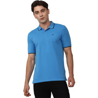 Peter England Men's Snug Fit Solid Polo T-Shirt with Coloured Collar Tipping| Cotton Rich| Premium Pique Weave Medium Blue