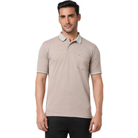 Peter England Men's Premium Branded Regular Fit Half Sleeve Polo T-Shirt with Pocket | Cotton Rich | Birds Eye Interlock Weave Beige