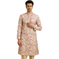 Manyavar Men's Linen Blend Digital Floral Print Long Kurta (Pink,3XL)