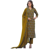 GoSriKi Women's Rayon Blend Straight Printed Kurta with Pant & Dupatta (Shaniya Mustard-GS_M_Mustard_Medium)