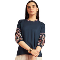 rytras Women's Embroidered Regular Top(Blue,XS)