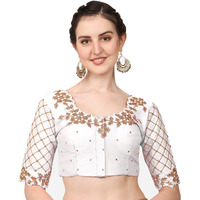 Pujia Mills Women's Embroidery Handwork, Rough Cut Work Stone Work Readymade Blouse (38, White)