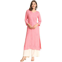 VAIRAGEE Women's Rayon Straight Cut Round Neck Kurta with Beautiful Lucknowi Chickenkari Work (1593) Pink