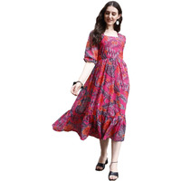 SMOWKLY Women's Georgette Floral Printed Indo-Western Ethnic Gown || Half Sleeve V Neck Fit & Flare Flared Hem Design || Casual Wear A-Line Maxi Dress 1324_PNK_L Pink