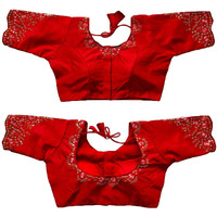 Pujia Mills Women's Silk Embroidery Sequence Work Half Sleeve Readymade Blouse (Red, 34)