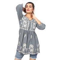Bee M Pee Designer Short Kurti Tops for Jeans for Women I Chikankari Rayon Cotton Long Kurta Kurti for Women I Stylish wear Kurti top for Girls Grey