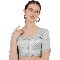 Pujia Mills Women's Heavy Silver Jari Thread Readymade Blouse for Saree Lehenga (White, 32)