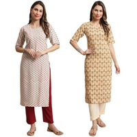 Pinkmint Kurta Set for Women ll Printed Kurti & Pant Set ll Combo Kurta Set ll (Pack of 2) White-Gold