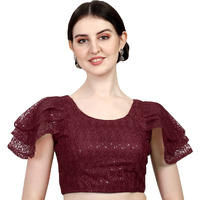 Pujia Mills Women's Shipali Net Work Ruffle Sleeves Readymade Saree Blouse (Shipli Jhadu Maroon_Maroon_38 Size + Margin)