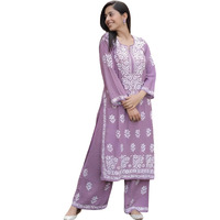 BHARVITA Women's Cotton Blend Lucknowi Embroidered Chikankari Straight Kurta With Pant Set (2XL, Peach)