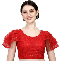 Pujia Mills Women's Shipali Net Work Ruffle Sleeves Readymade Saree Blouse (Shipli Jhadu Red_Red_38 Size + Margin)