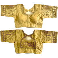 Pujia Mills Women's Golden Zari Embroidery Work with Heavy Maggam Work Gold Blouse(Ruby Gold_38)