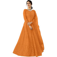 PATLANI Women Long Orange Gown, Net with Ultra Satin Inner Ethnic Flared Gown for Girl's/Women's Semi Stitched Gown (Orange)