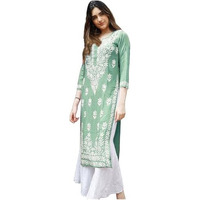 ANNI DESIGNER Women's Rayon Blend Straight Chikankari Embroidered Kurta (Victoria Green_XXL_White_XX-Large)