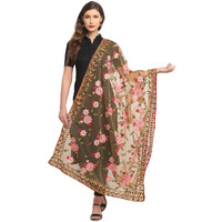 Shasmi Women's Heavy Net Embroidered Fancy phulkari work Dupatta for women (ONLY Dupatta) (Chikku)