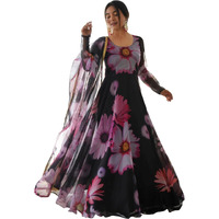 Shasmi Women's Stylish Floral Printed Black Orgenza Anarkali Dress Gown, Kurta with Dupatta Set Anarkali Floral Printed Gown with Dupatta (Gown 130 Black-L)