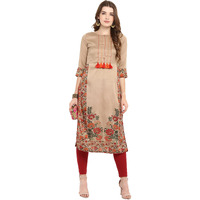 Janasya Women's Beige Poly Silk Floral Print Straight Kurta(JNE2305-KR-533-L)