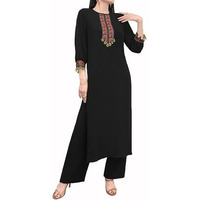 TADKEE Women's Vintage Patchwork with Pendant Decor Lace | 3/4 Sleeve | Kurta Set for Women (FN-Pop-Lace-Kurta-Set-122-Black-XL)