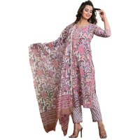 KLOSIA Women Printed Straight Kurta and Pant Set with Dupatta (Large) Pink