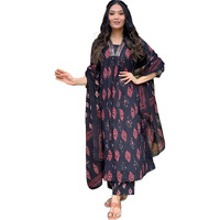 Nermosa Women Printed A-Line Kurta and Pant Set with Dupatta (IN, Alpha, M, Black)