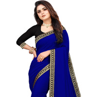 SUKETA Solid Square Dot Design Lace Border Royal Blue Soft Georgette Saree With Cotton Blouse