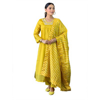 Naixa Women's Yellow Chinon Silk Embroidered A-line Kurta with Silk Blend Pant and Chinon Printed Dupatta Sets (NK-452-Yellow-XXL)