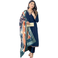 Naixa Women's Navy Viscose Silk Blend Embroidered Straight Kurta with Viscose Silk Blend Pant and Jaquard Laced Dupatta Sets (NX-451-Navy-L)